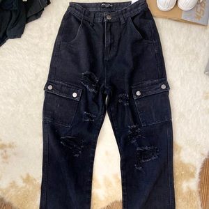 PLT Ripped Black Denim Cargo Pant